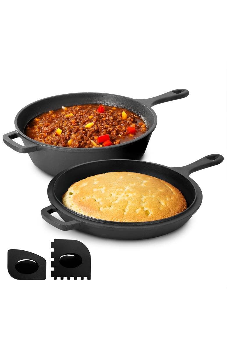 Megachef 10.5 Inch 2-in-1 Pre-Seasoned Cast Iron Skillet and Fry Pan Set, Main, color, Black