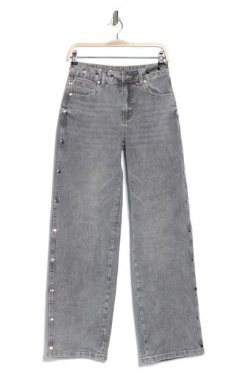 Avec Les Filles High Waist Wide Leg Studded Jeans In Light Grey Wash