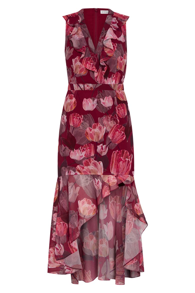 Nanci Floral Print Asymmetrical Ruffle Midi Dress, Alternate, color, RED MULTI