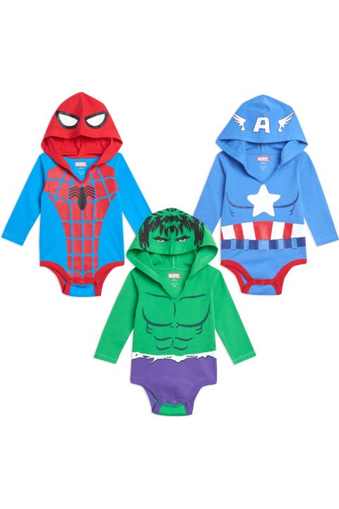 Avengers 3-Pack Long Sleeve Hooded Bodysuits