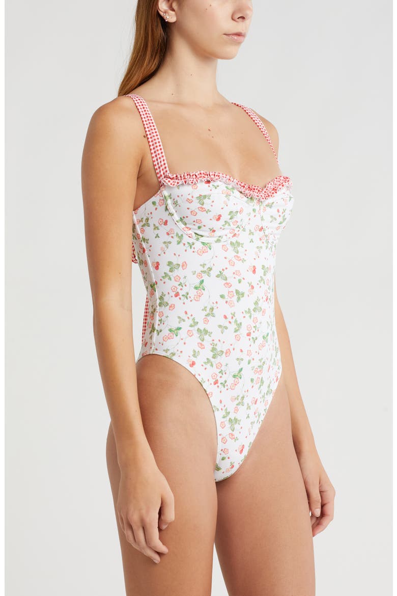 Elise Ruffle One-Piece Swimsuit, Alternate, color, WHITE FLORAL GINGHAM