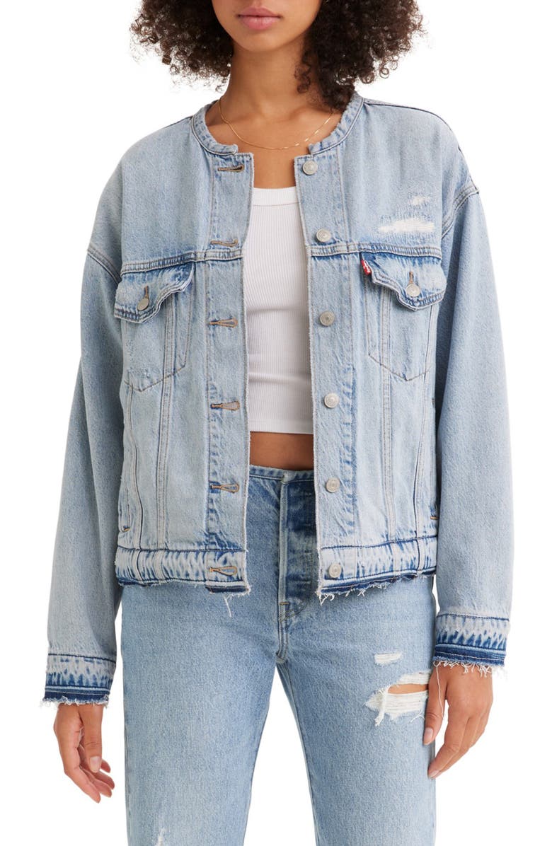 Levi's<sup>®</sup> Distressed Release Hem '90s Denim Trucker Jacket, Main, color, 