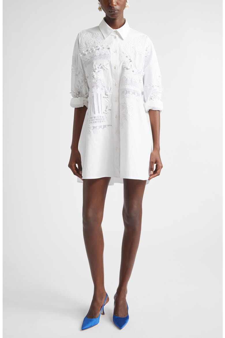Oversize Embroidered Stretch Cotton Button-Up Shirt, Main, color, WHITE