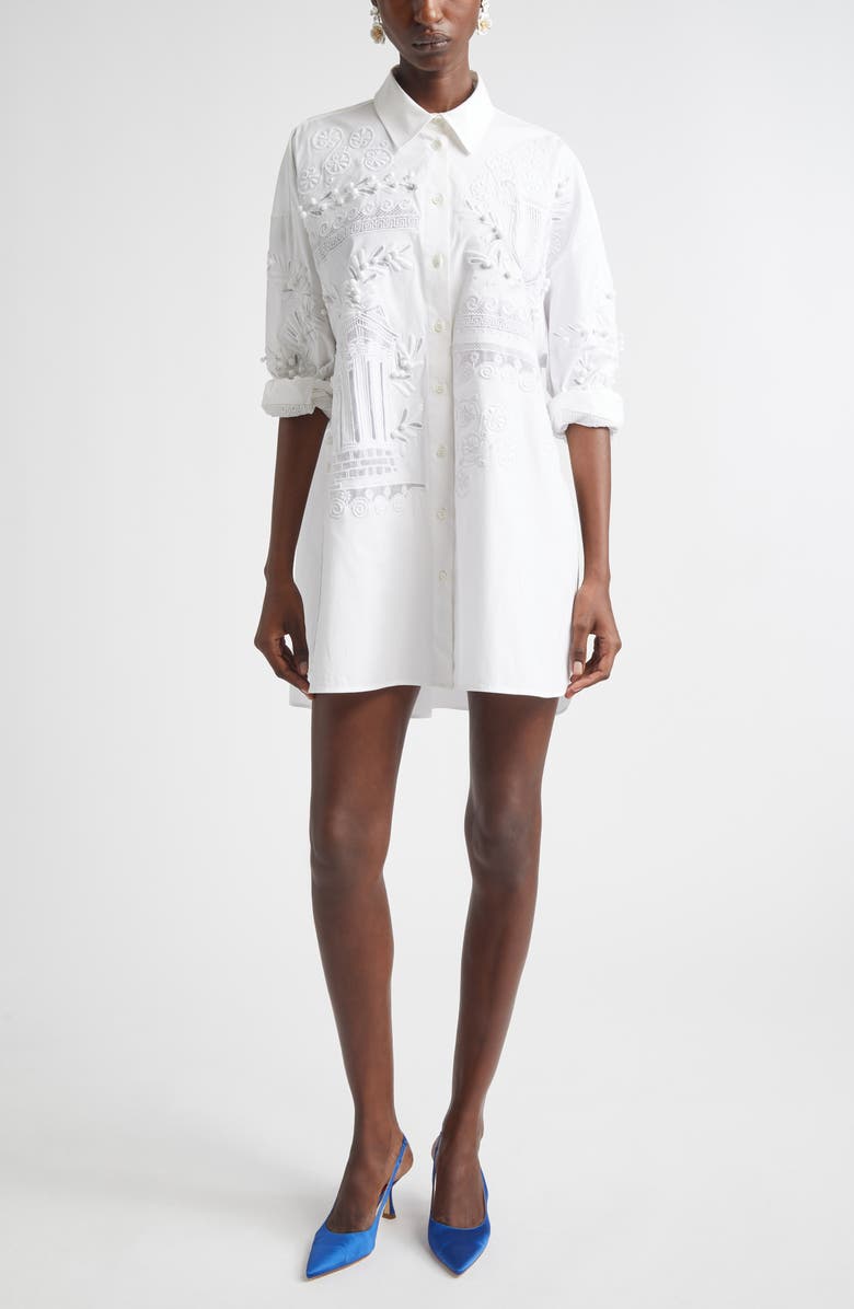 Carolina Herrera Oversize Embroidered Stretch Cotton Button-Up Shirt, Main, color, White