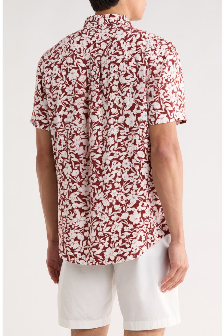 Short Sleeve Linen Blend Button-Up Shirt, Alternate, color, BURGUNDY LINEWORK FLORAL