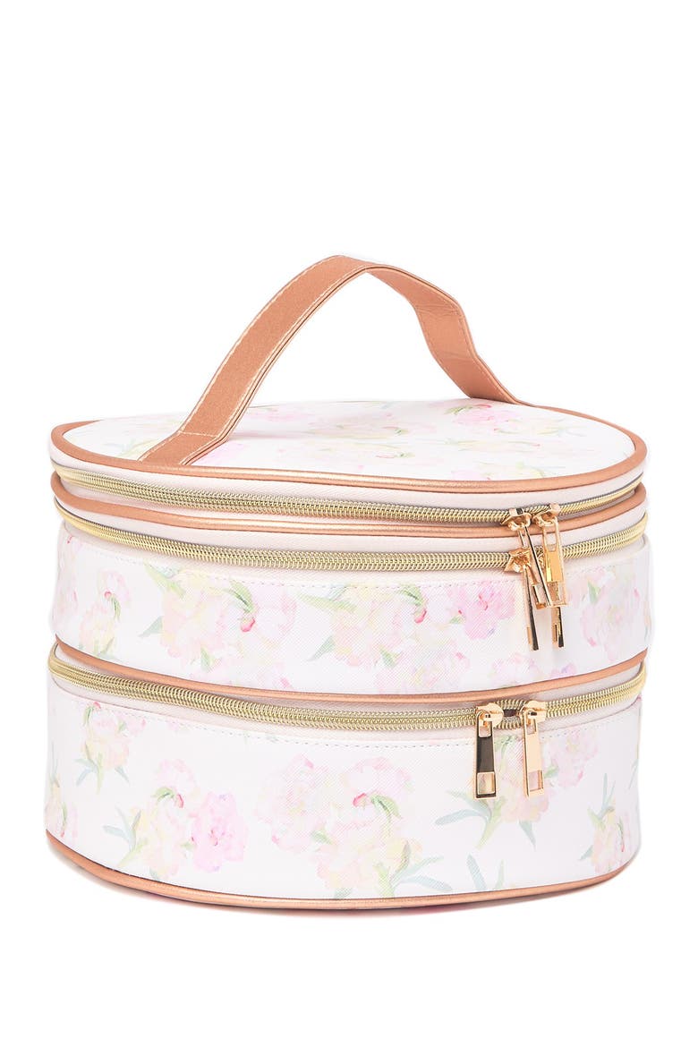 Oval Floral Print Triple Zipper Train Case, Alternate, color, PEONY