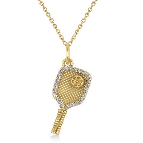 Natural Diamond Pickleball Paddle Pendant Necklace 14k