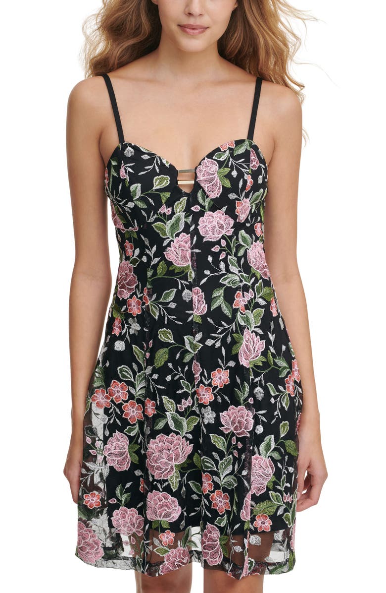 GUESS Floral Embroidered Mesh Fit & Flare Dress, Main, color, 