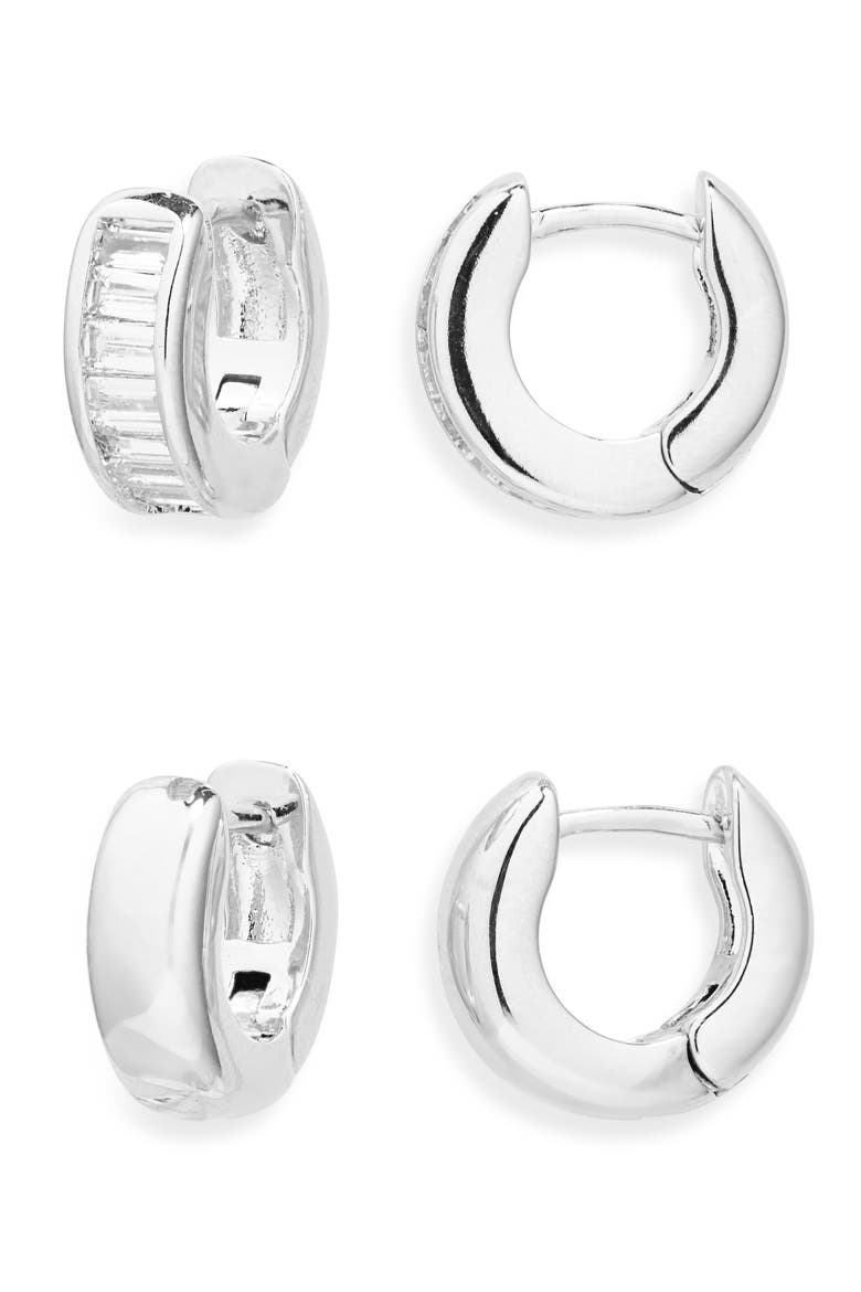 Set of 2 Chubby Huggie Hoop Earrngs, Main, color, CLEAR- SILVER