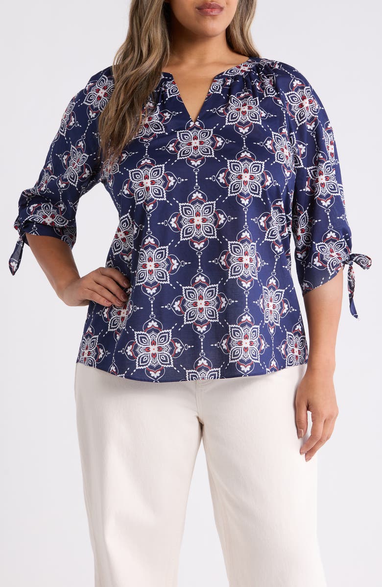 Jones New York Printed Tie Cuff Raglan Sleeve Cotton Top, Main, color, Pacific Navy Multi