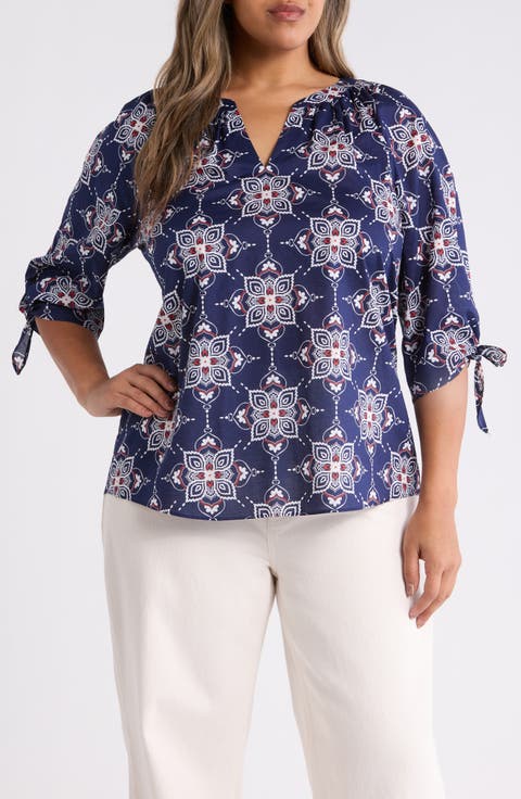 Printed Tie Cuff Raglan Sleeve Cotton Top (Plus)