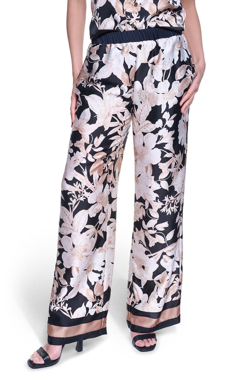 KARL LAGERFELD PARIS Floral Print Wide Leg Pants, Main, color, Midnight Combo