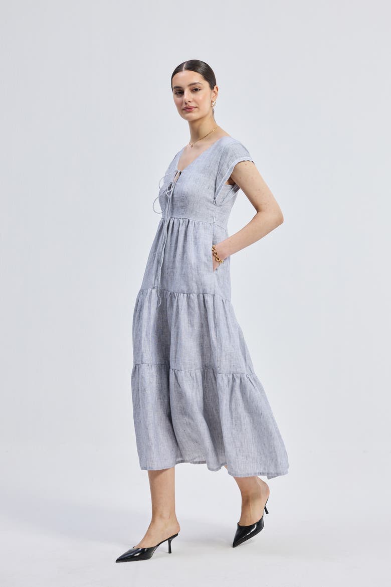 Gathered Tiered Dress with Front-ties Linen stripes, Alternate, color, Pin Striped Linen