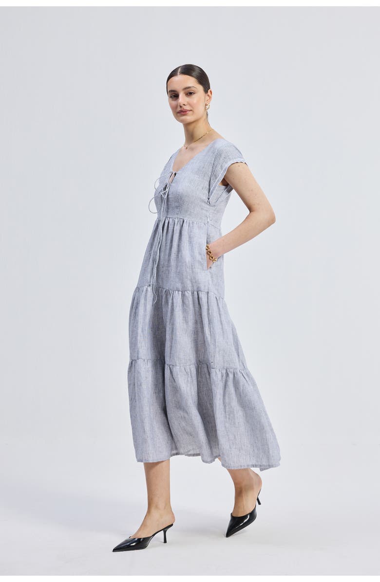 Reistor Gathered Tiered Dress with Front-ties Linen stripes, Alternate, color, Pin Striped Linen