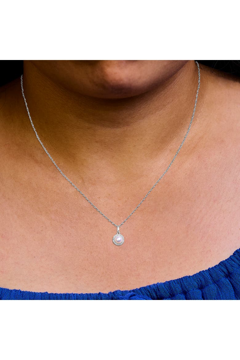 10K White Gold 5MM Cultured Pearl and Diamond Accent Halo Pendant Necklace, Alternate, color, White Gold