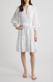 KOBI HALPERIN Erica Embroidered Detail Long Sleeve Cotton & Silk Dress