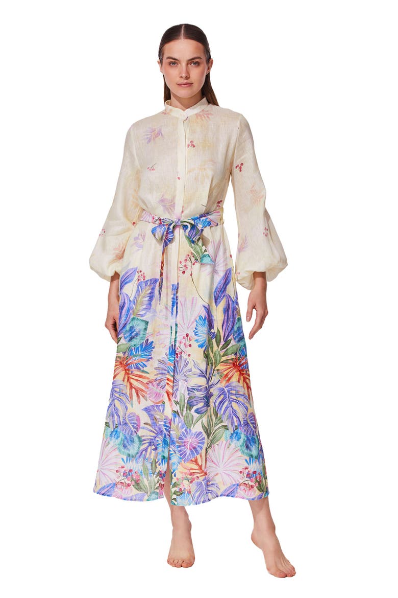 Cherry Blossom Belted Button Up Linen Dress Cover-Up, Main, color, Blossom-Multi