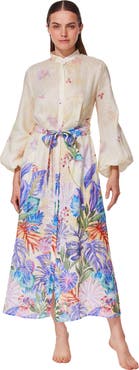 Gottex Cherry Blossom Belted Button Up Linen Dress Cover-Up
