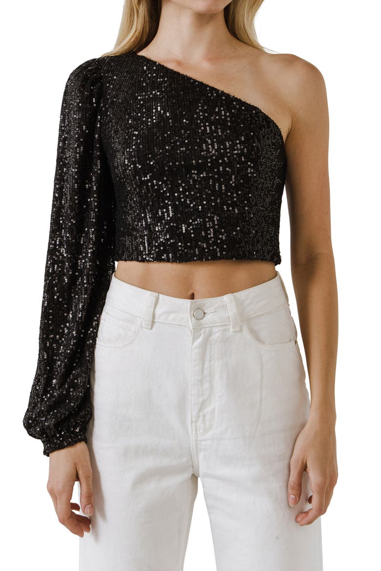 Sequined One-Shoulder Crop Top, Main, color, BLACK