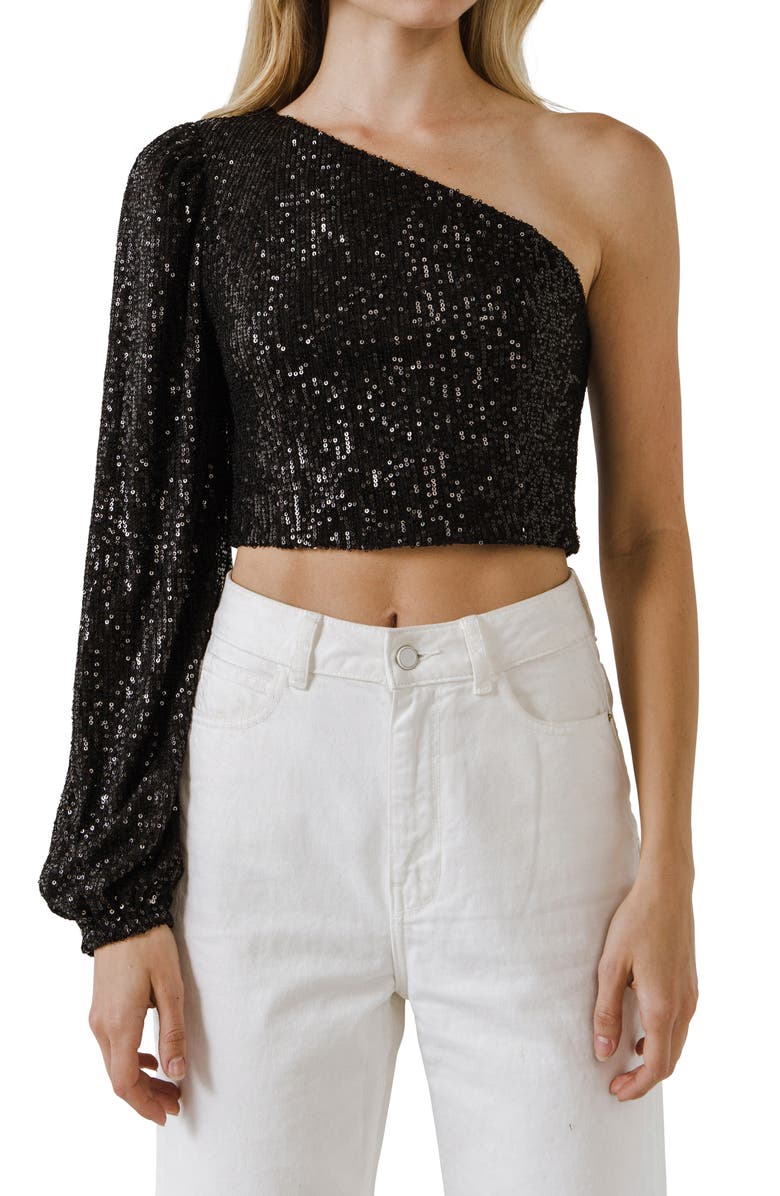 Endless Rose Sequined One-Shoulder Crop Top, Main, color, Black