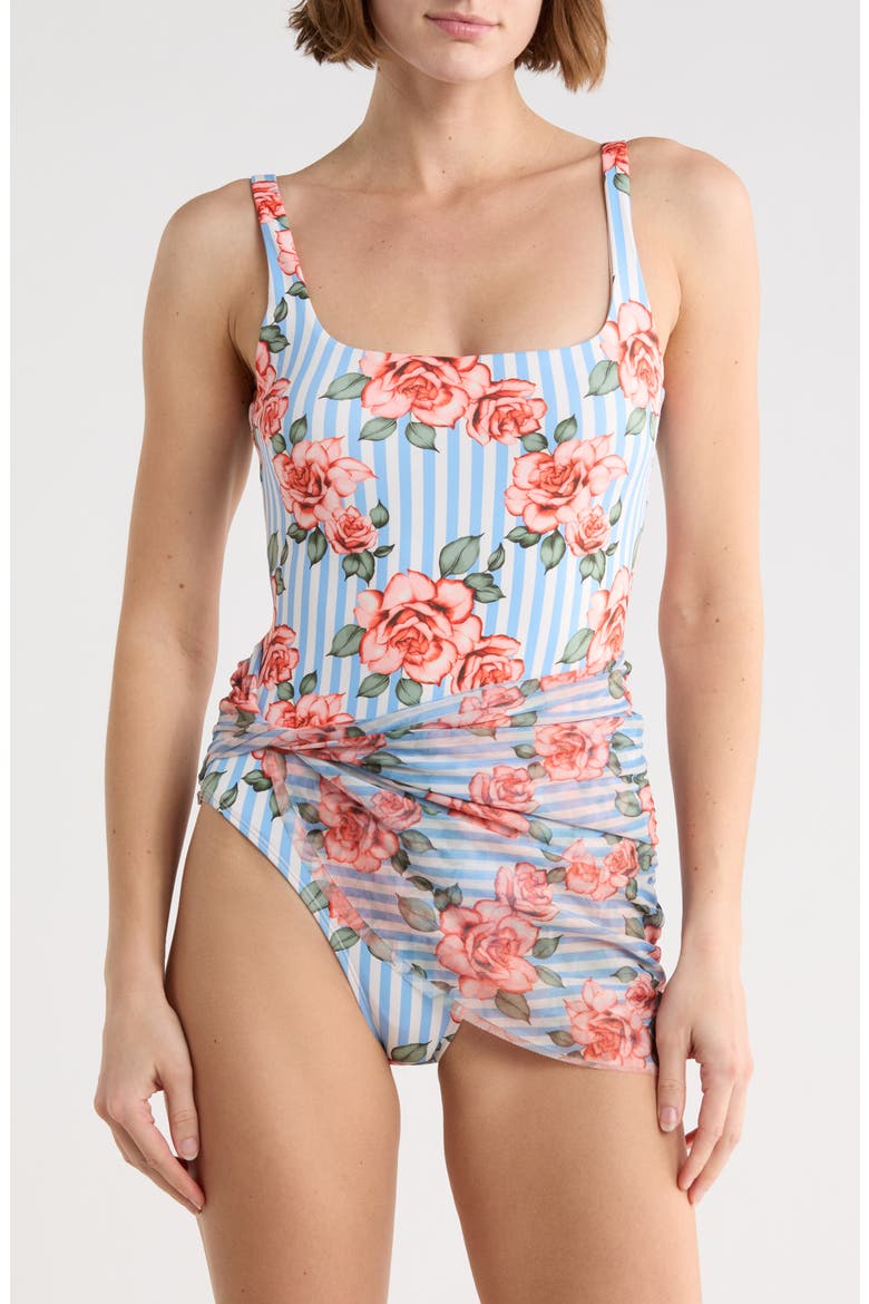 Mesh Overlay One-Piece Swimsuit, Main, color, CORAL STRIPED GROUND