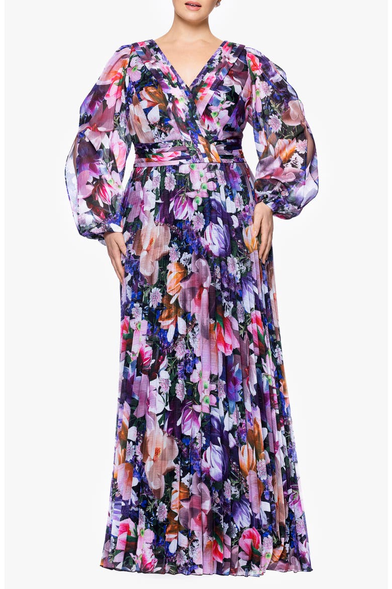 Metallic Floral Pleated Long Sleeve Gown, Main, color, PURPLE MULTI
