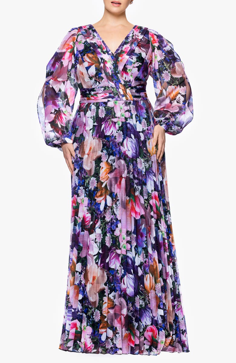 Betsy & Adam Metallic Floral Pleated Long Sleeve Gown, Main, color, Purple Multi