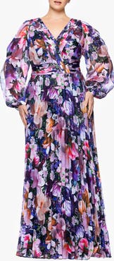 Betsy & Adam Metallic Floral Pleated Long Sleeve Gown