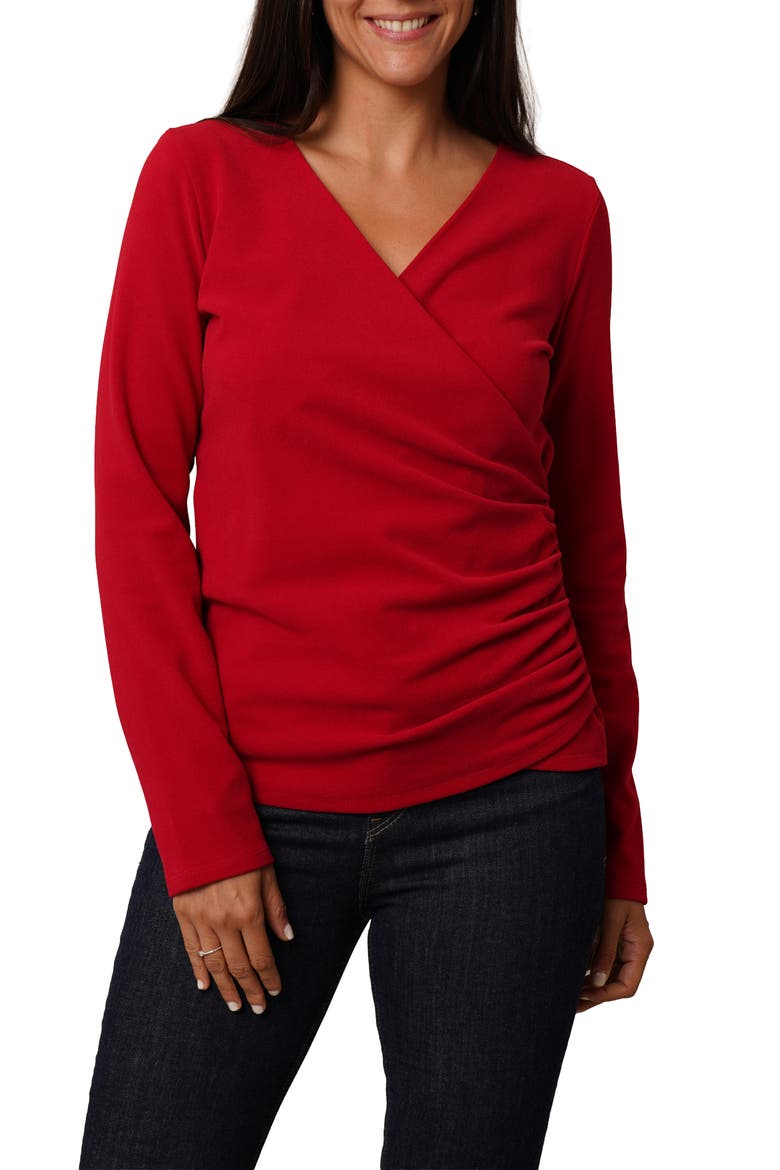 Long Sleeve Faux Wrap Top, Main, color, MARS RED