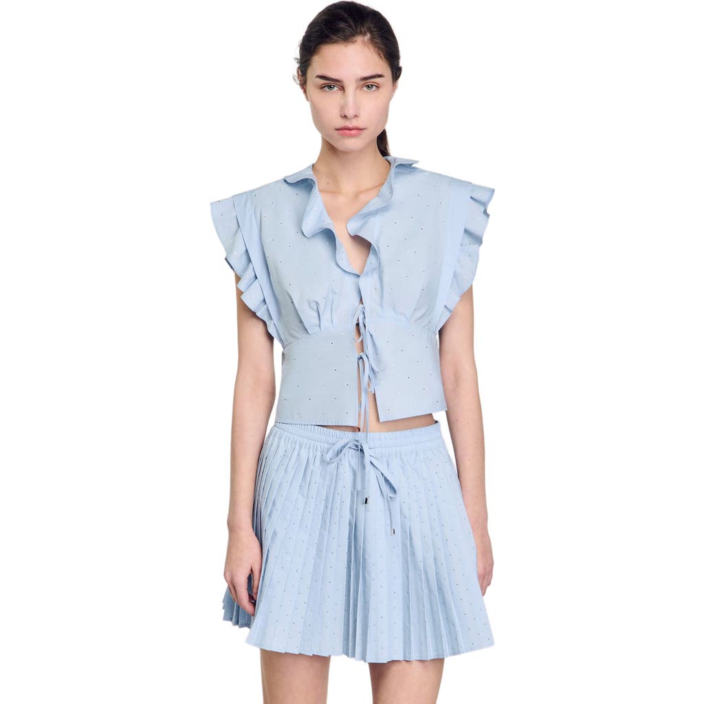 Sandro Womens Bleus Rhinestone-embellished Ruffled-trim Cotton Top In Sky Blue