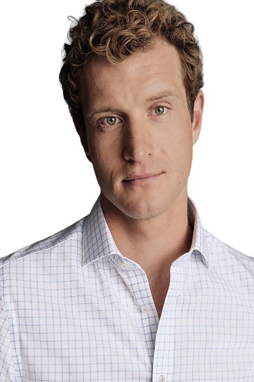 Charles Tyrwhitt Men's Non-iron Clifton Weave Check Cutaway Slim Fit Shirt Double Cuff In Cornflower Blue