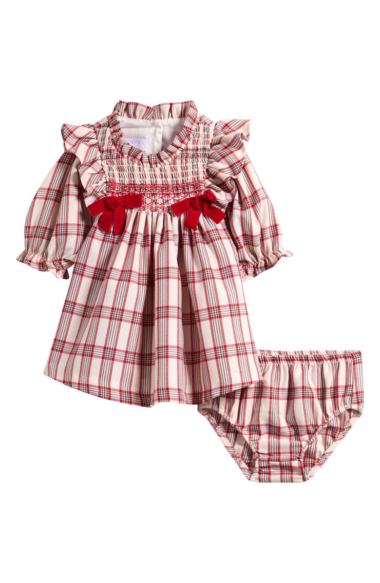 Iris & Ivy Bow Smocked Plaid Dress & Bloomers Set, Main, color, Red