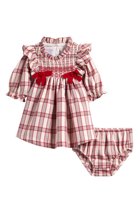 Bow Smocked Plaid Dress & Bloomers Set (Baby)