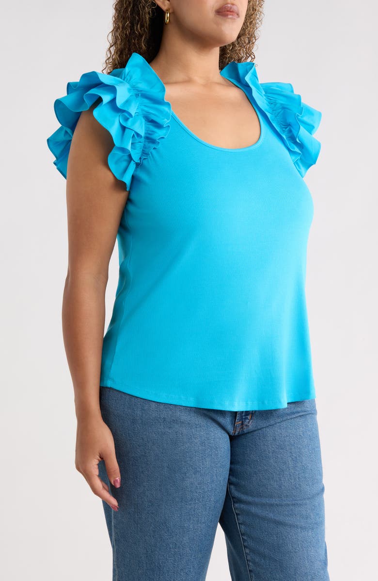 SUGARLIPS Ruffled Short Sleeve Mixed Media Top, Alternate, color, Cerulean-Blue