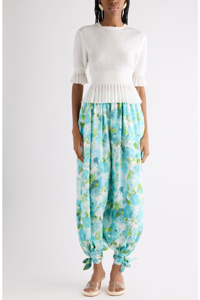 Floral Silk Jacquard Harem Pants, Alternate, color, WHITE - BLUE