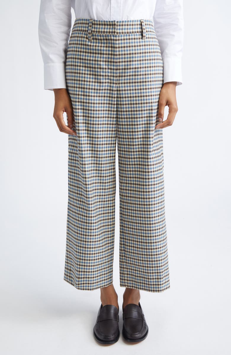 Max Mara Michelle Check Wool 
Cotton Wide Leg Ankle Pants, Main, color, Light Blue