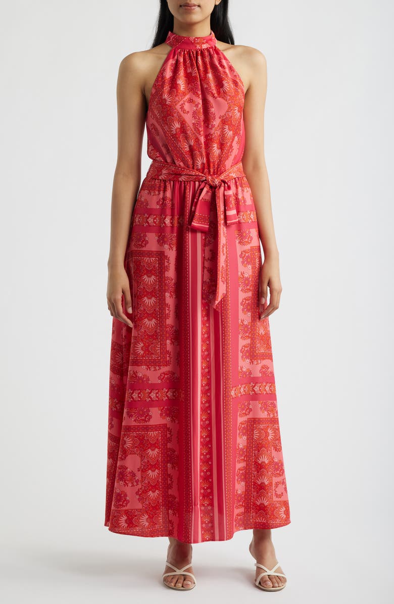 Anne Klein Floral Print Halter Maxi Dress, Main, color, Grenadine Multi