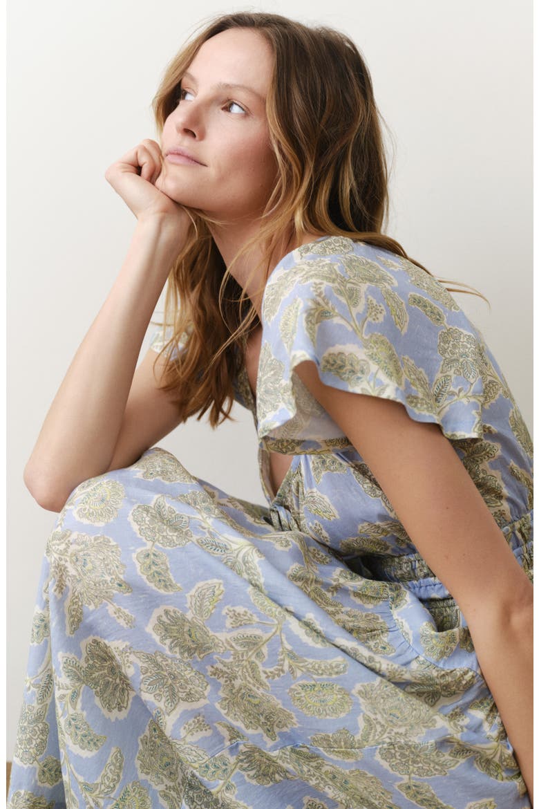 Skye Print Flutter Sleeve Midi Dress, Alternate, color, BLUE FLORAL