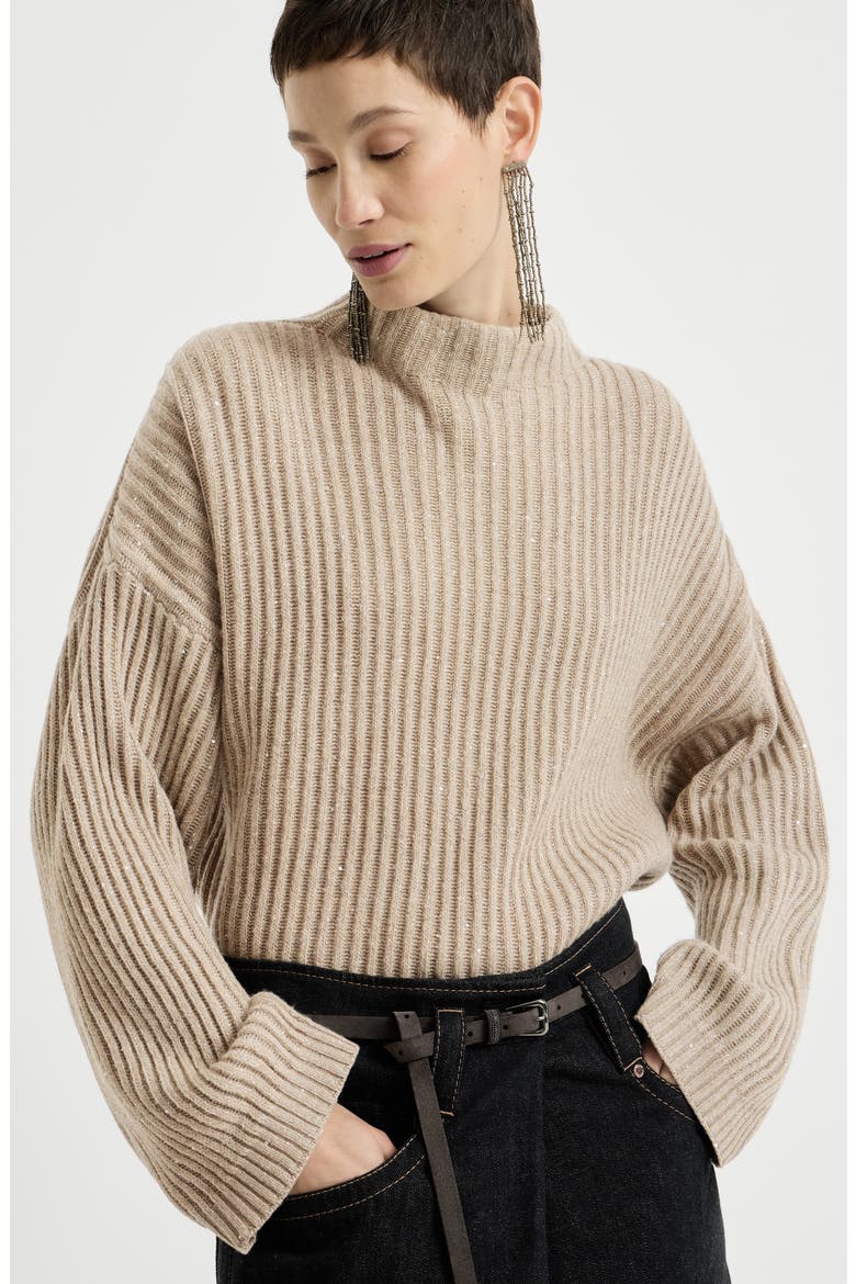Sparkling & Dazzling cashmere and wool ribbed sweater, Alternate, color, Light Brown