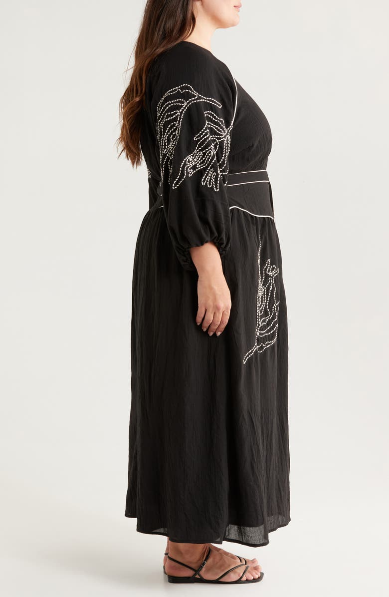 CIEBON Faye Embroidered Tie Waist Long Sleeve Maxi Dress, Alternate, color, Black