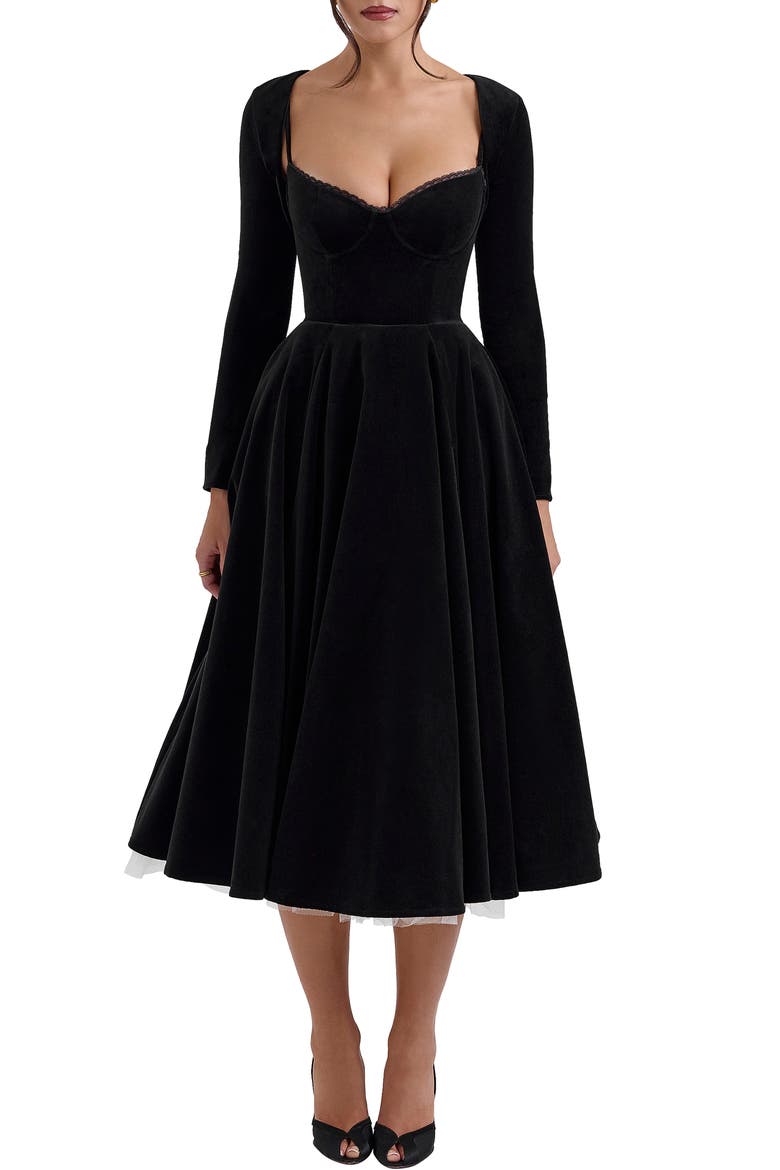 Mademoiselle Long Sleeve Midi Cocktail Dress, Main, color, BLACK