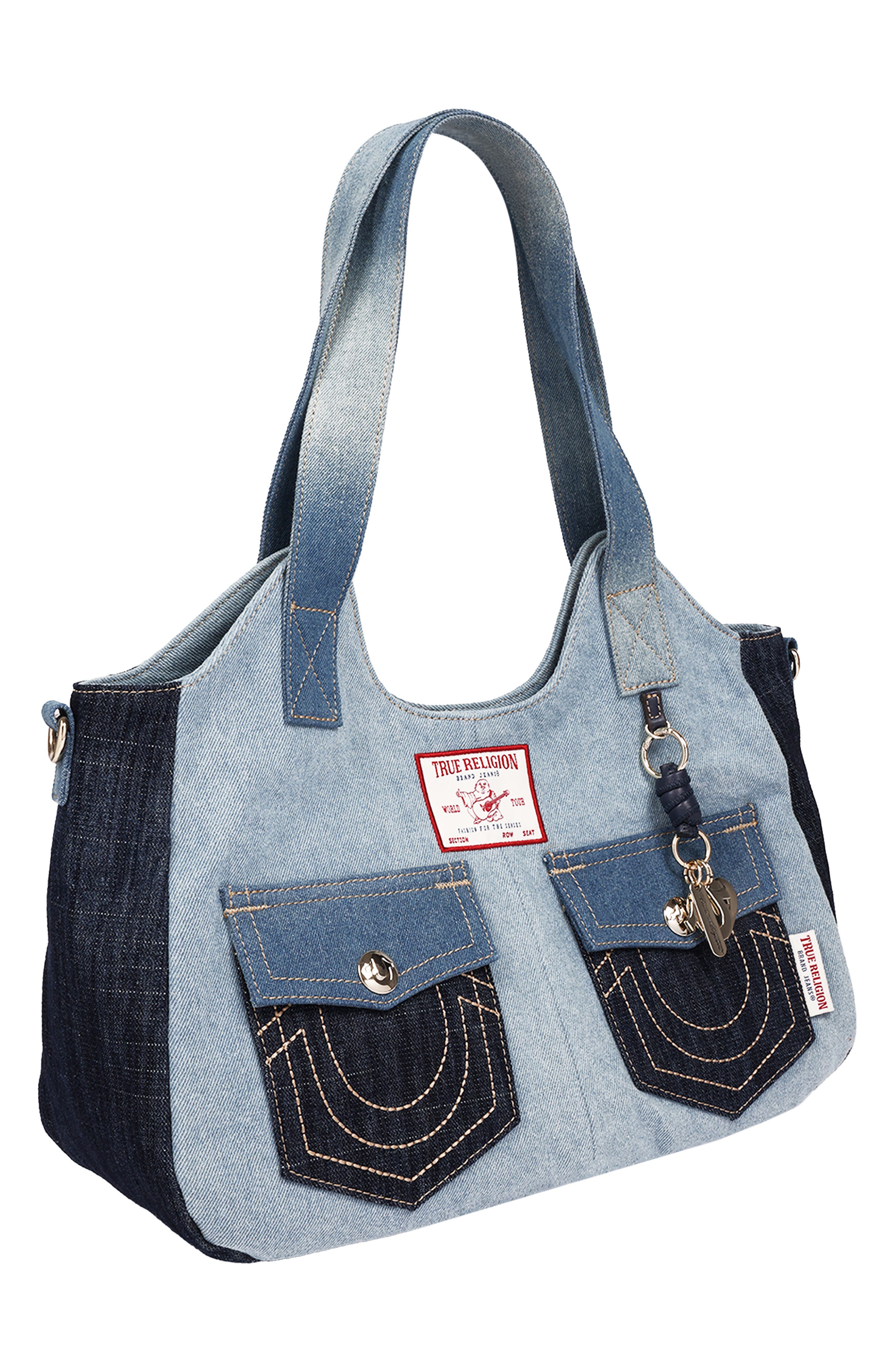 Colorblocked Denim Satchel, Alternate, color, BLUE MULTI