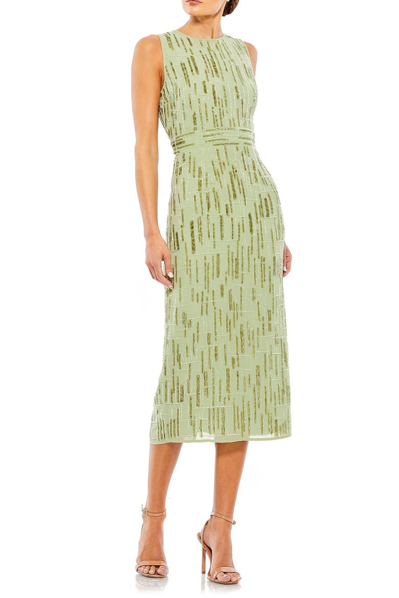 Abstract Beaded Sleeveless Midi Sheath Dress, Main, color, SAGE