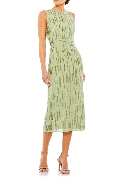 Abstract Beaded Sleeveless Midi Sheath Dress