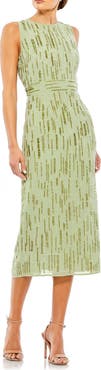 Ieena for Mac Duggal Abstract Beaded Sleeveless Midi Sheath Dress