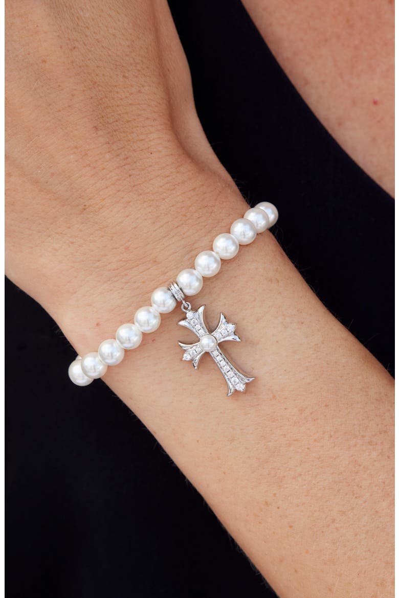 Imitation Pearl Cross Stretch Bracelet, Alternate, color, WHITE