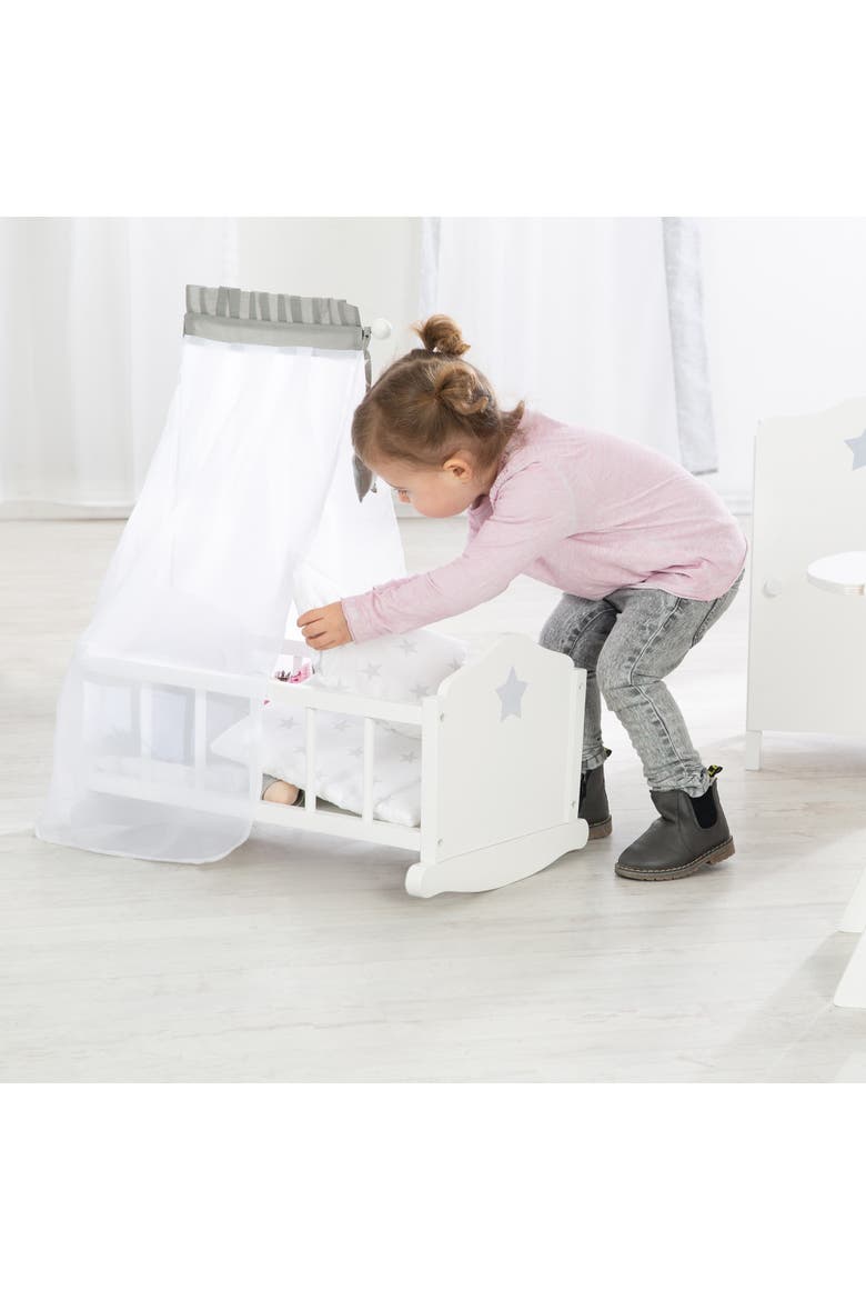 Roba Doll Cradle Set Stella Star, Gray & White Includes Hanging Mobile, Alternate, color, White