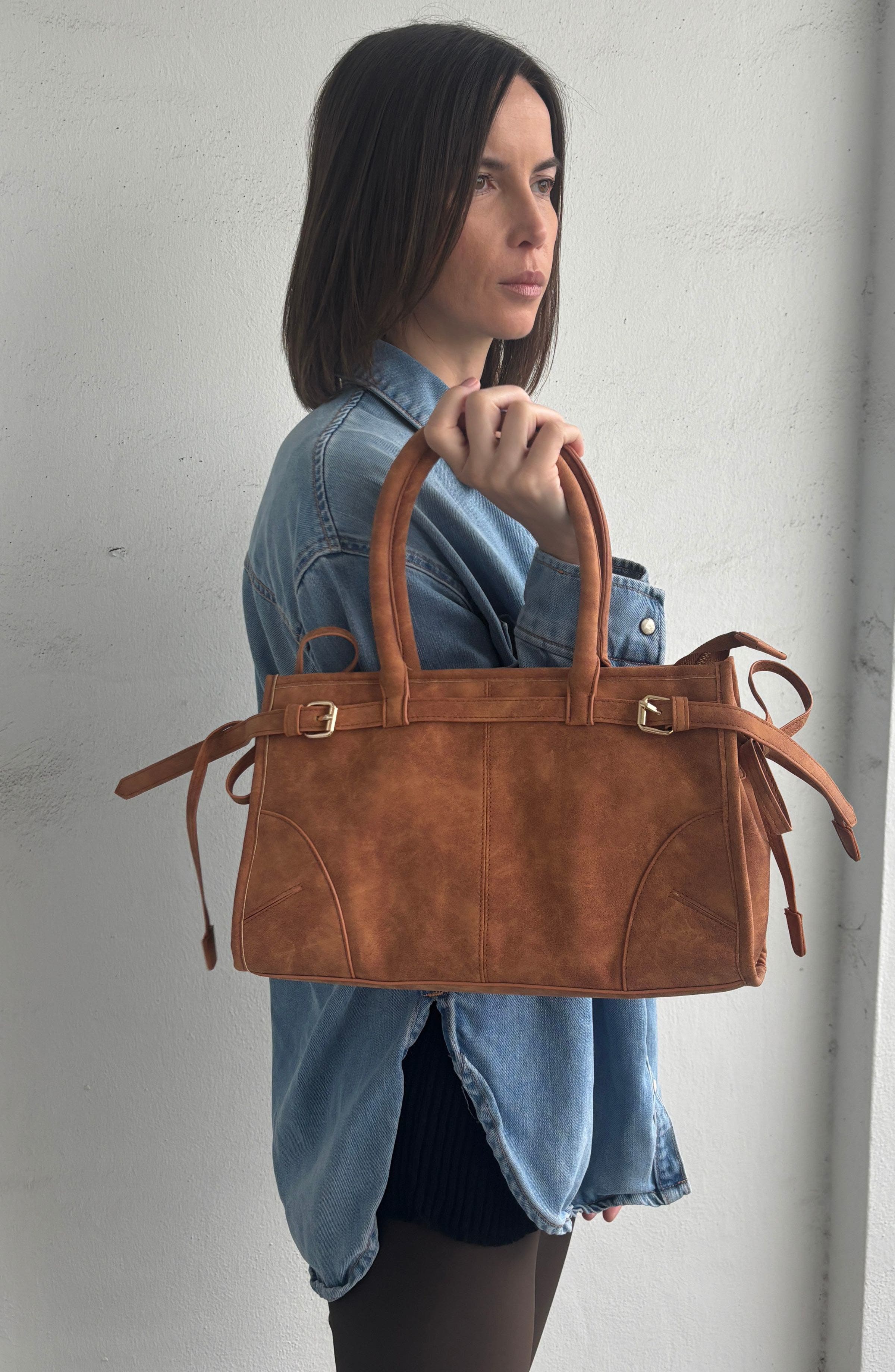 Adornia Belted Faux Suede Top Handle Bag, Alternate, color, Brown