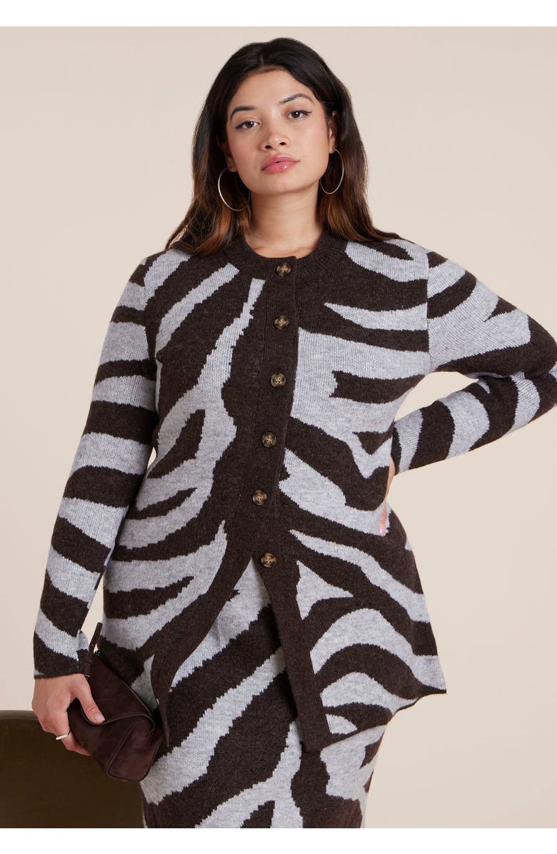 ELOQUII Intarsia Split Hem Cardigan, Main, color, Zebra Love Brown