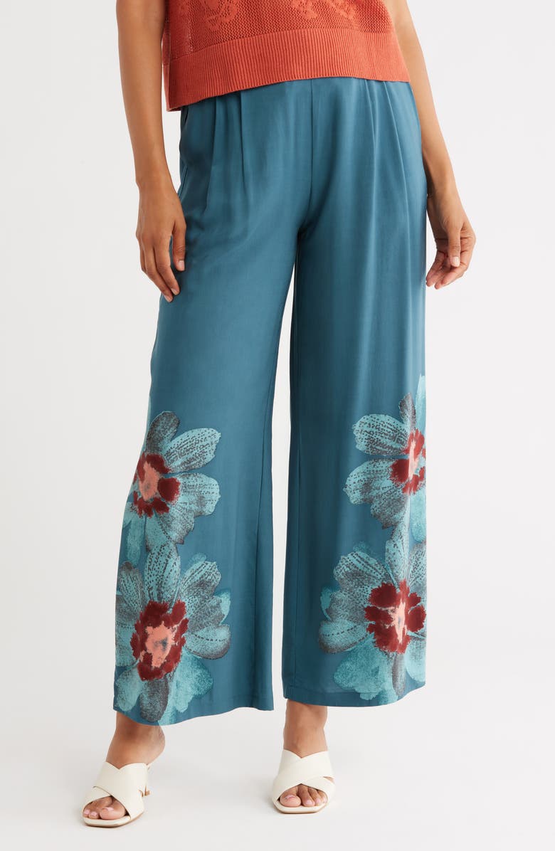 DR2 by Daniel Rainn Floral Border Print Tie Waist Pants, Main, color, Light Inkwell